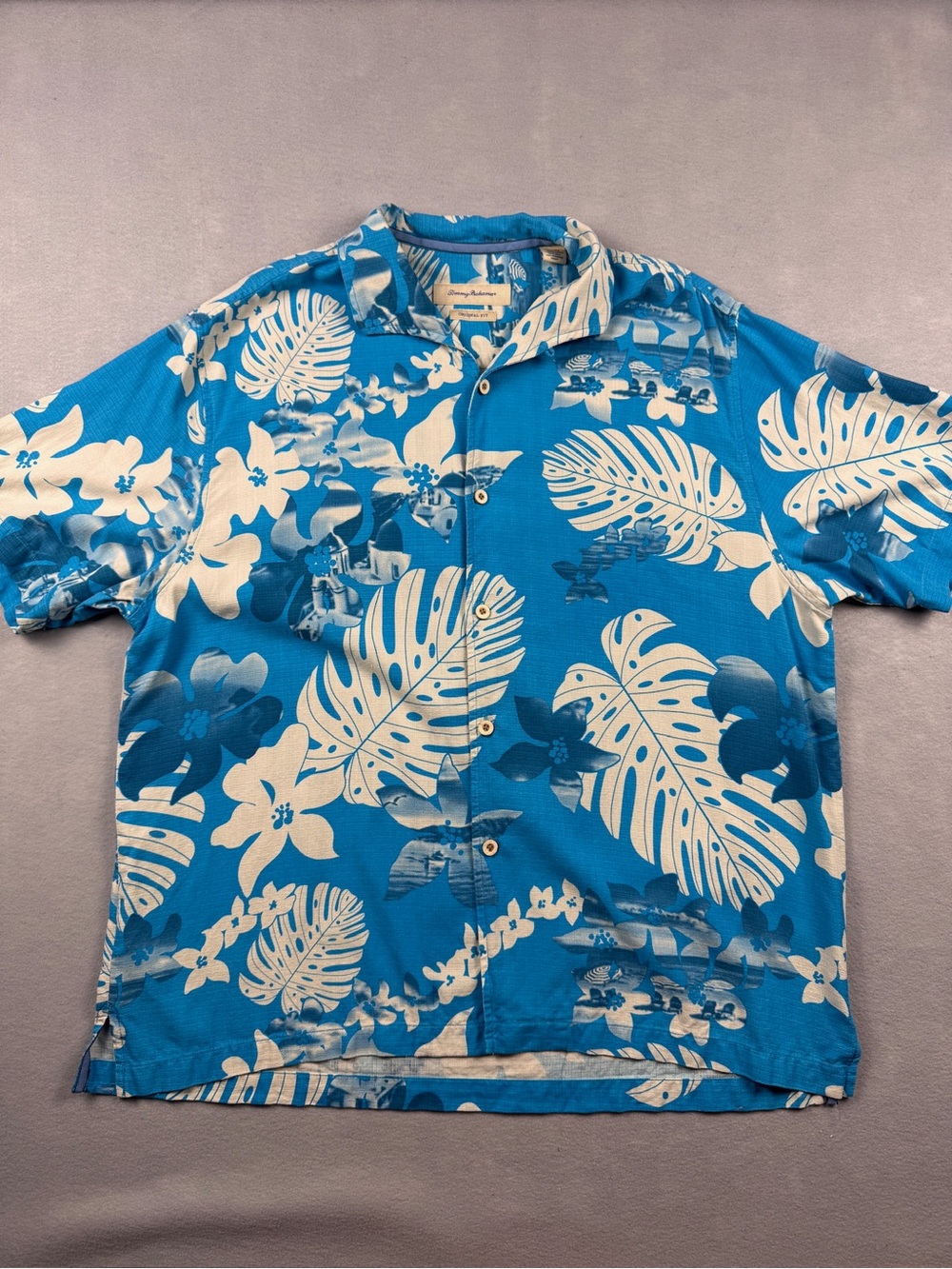 Tommy Bahama Aloha Fronds Mens XL Silk Camp Shirt Blue Hibiscus Floral Hawaiian